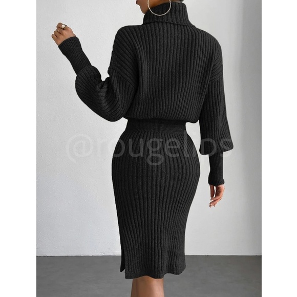 Black Cable Knit Long Sleeve Dress  Turtleneck Drop Shoulder, Long Sleeve - Picture 5 of 7